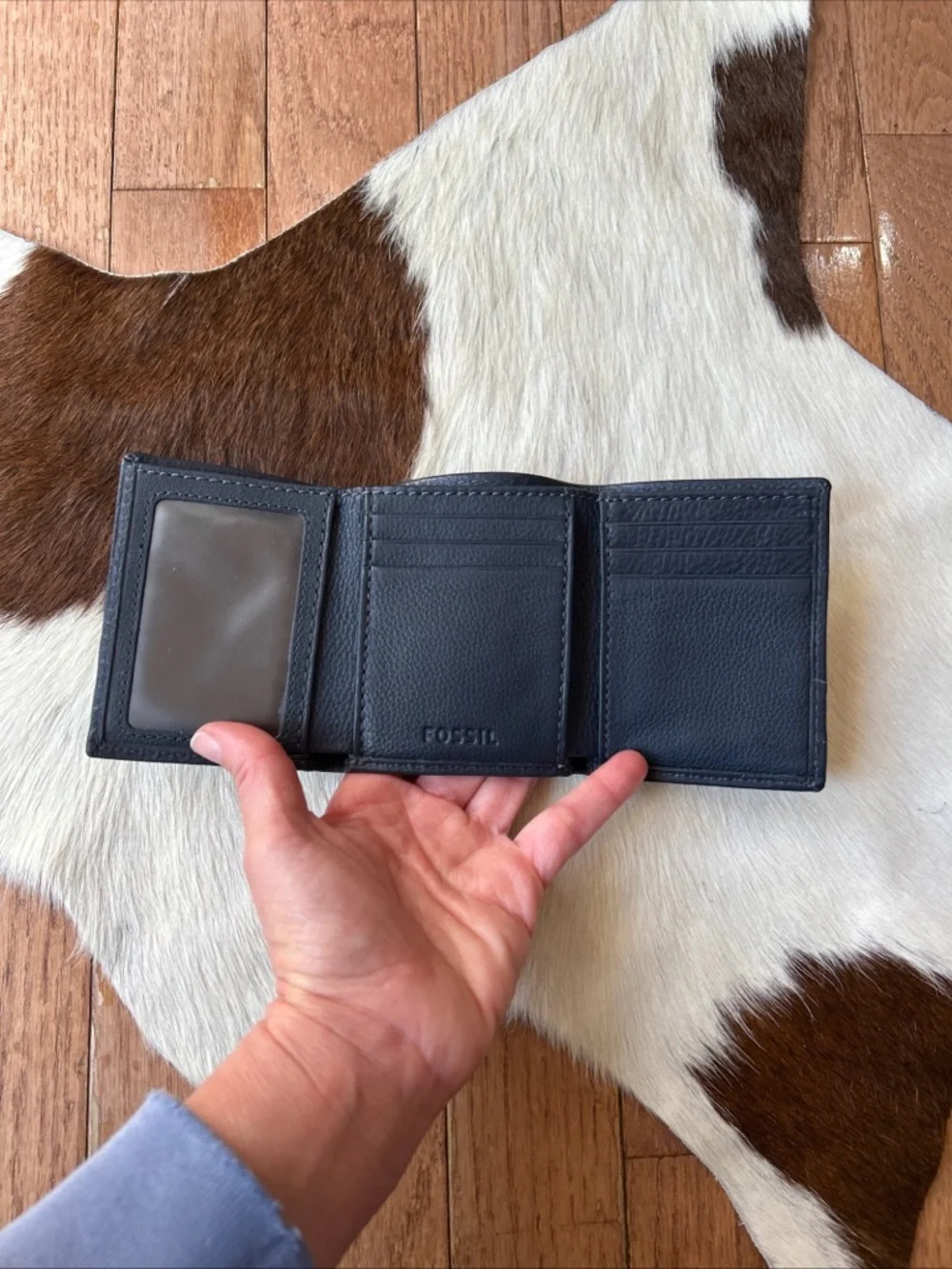 Fossil Trifold Wallet Pebble Leather Men’s Navy Blue